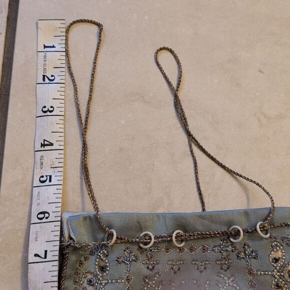 NWT Megan Park handmade beaded silk drawstring bag light blue - Picture 5 of 13